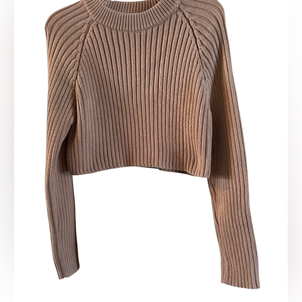 Zara Tan Ribbed Crop Crew Neck Sweater